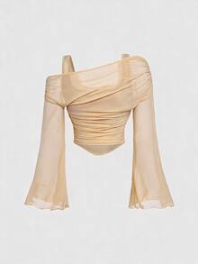 SHEIN MOD Multi-Pack Off-Shoulder Mesh Flare Sleeve Top For Women,Black,Summer,Seksi Chic,Night Out Club,2-In-1 See Through 70s Retro Party Style Spring Tops - Apricot - View 3