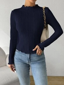 SHEIN Essnce 女款秋季純色荷葉邊立領長袖修身T恤上衣，法式優雅日常早午餐穿搭襯衫上衣 - 藏蓝色 - 查看 4