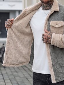 Manfinity Homme 男士純色對比飾邊鈕扣前襟口袋毛絨長袖休閒夾克，高領男士，男士，法蘭絨法蘭絨，冬季 - 杏色 - 查看 4