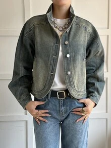 DAZY Women's Small Stand Collar Short Loose Washed Vintage Casual Denim Jacket And Coat - Medium Wash - View 1