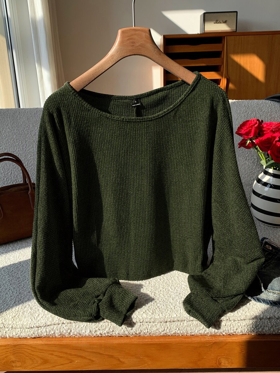 SHEIN EZwear 燈籠袖混色針織毛衣,秋冬款針織毛衣 - 軍綠色 - 查看 1