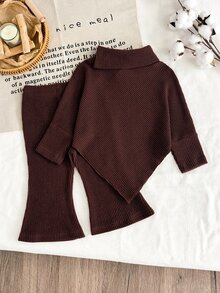 Baby Girl Solid Color Asymmetric Hem Long Sleeve T-Shirt And Flare Pants Casual Set - Brown - View 2