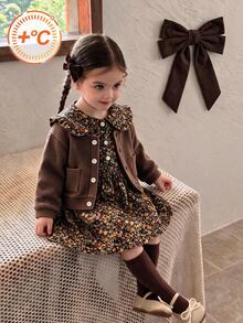 SHEIN 2pcs Toddler Girls Cardigan Dress Set Sweet Elegant Brown Black Floral Knit Ribbed Long Sleeve Peter Pan Collar Ruffle Button Front Princess Party - Brown - View 7