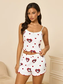 Betty Boop x SHEIN طقم بيجامة نسائي بتوب كاميسول وشورت بطبعة قلب Betty Boop - أبيض - مشاهدة 3