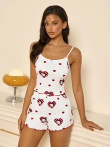 Betty Boop x SHEIN طقم بيجامة نسائي بتوب كاميسول وشورت بطبعة قلب Betty Boop - أبيض - مشاهدة 7