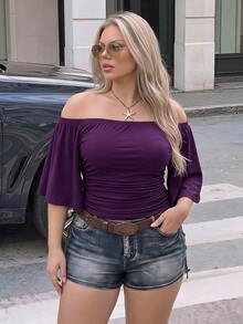 SHEIN ICON 女款大尺碼露肩純色喇叭袖時尚上衣 - 紫色 - 查看 1