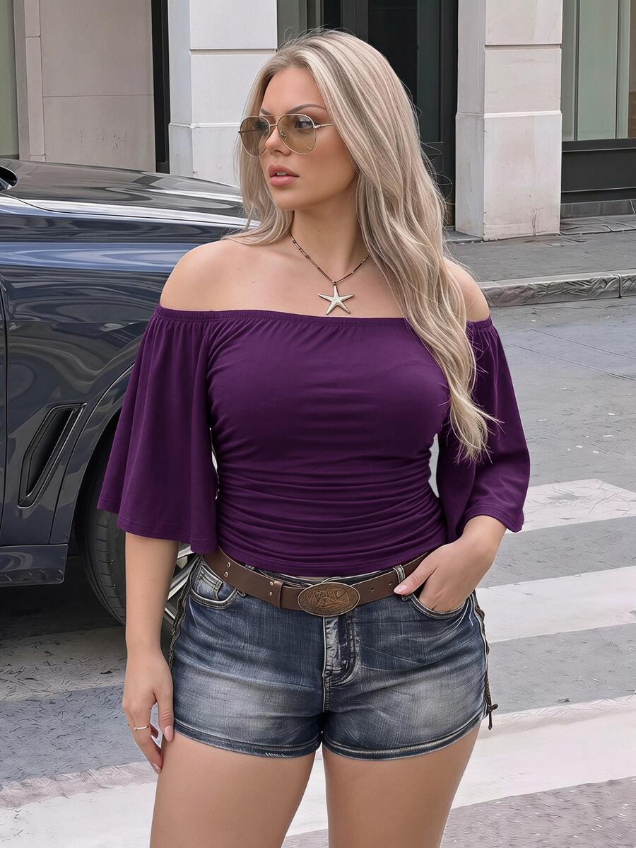SHEIN ICON 女款大尺碼露肩純色喇叭袖時尚上衣 - 紫色 - 查看 1