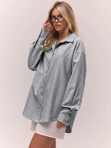 MUSERA 寬鬆條紋鈕扣長版奶油黃襯衫上衣單件 Ol - 灰色 - 查看 2