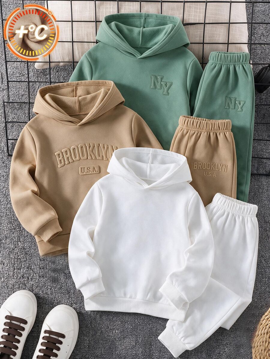 SHEIN 大童男孩字母圖案秋季運動衫 3件套 - 彩色 - 查看 1