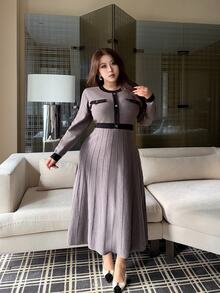 Vibekara Plus Size Women's Colorblock Round Neck Long Sleeve Button Design Knit Dress - Apricot - View 1