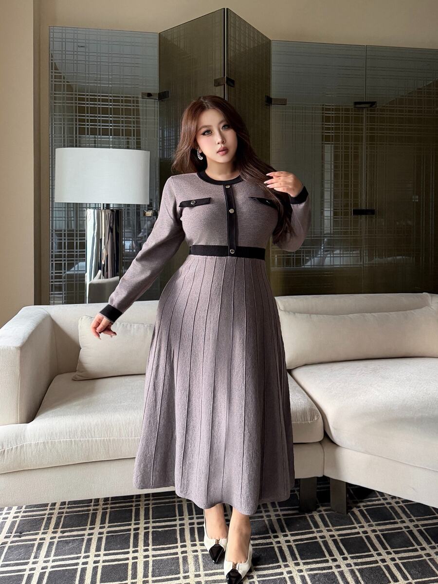 Vibekara Plus Size Women's Colorblock Round Neck Long Sleeve Button Design Knit Dress - Apricot - View 1