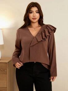 Edennvi Plus Size Solid V-Neck Ruffle Trim Blouse - Brown - View 4