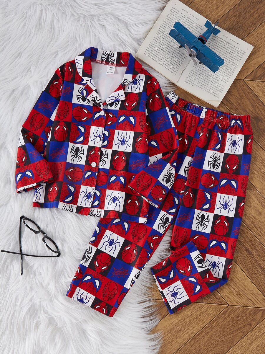Boys Red Base Multi-Color Superhero Mask Pattern Knit Turn-Down Collar ...