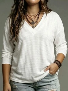 SHEIN LUNE Women's V-Neck Layered Neon Color Long Sleeve Plus Size T-Shirt, Autumn/Winter Fall Cloth For Women - White - View 4