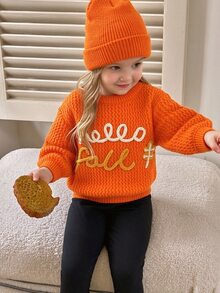 SHEIN 女童手工刺繡編織花朵可愛軟綿保暖休閒百搭毛衣，適合秋季日常穿著 - 橘色 - 查看 2