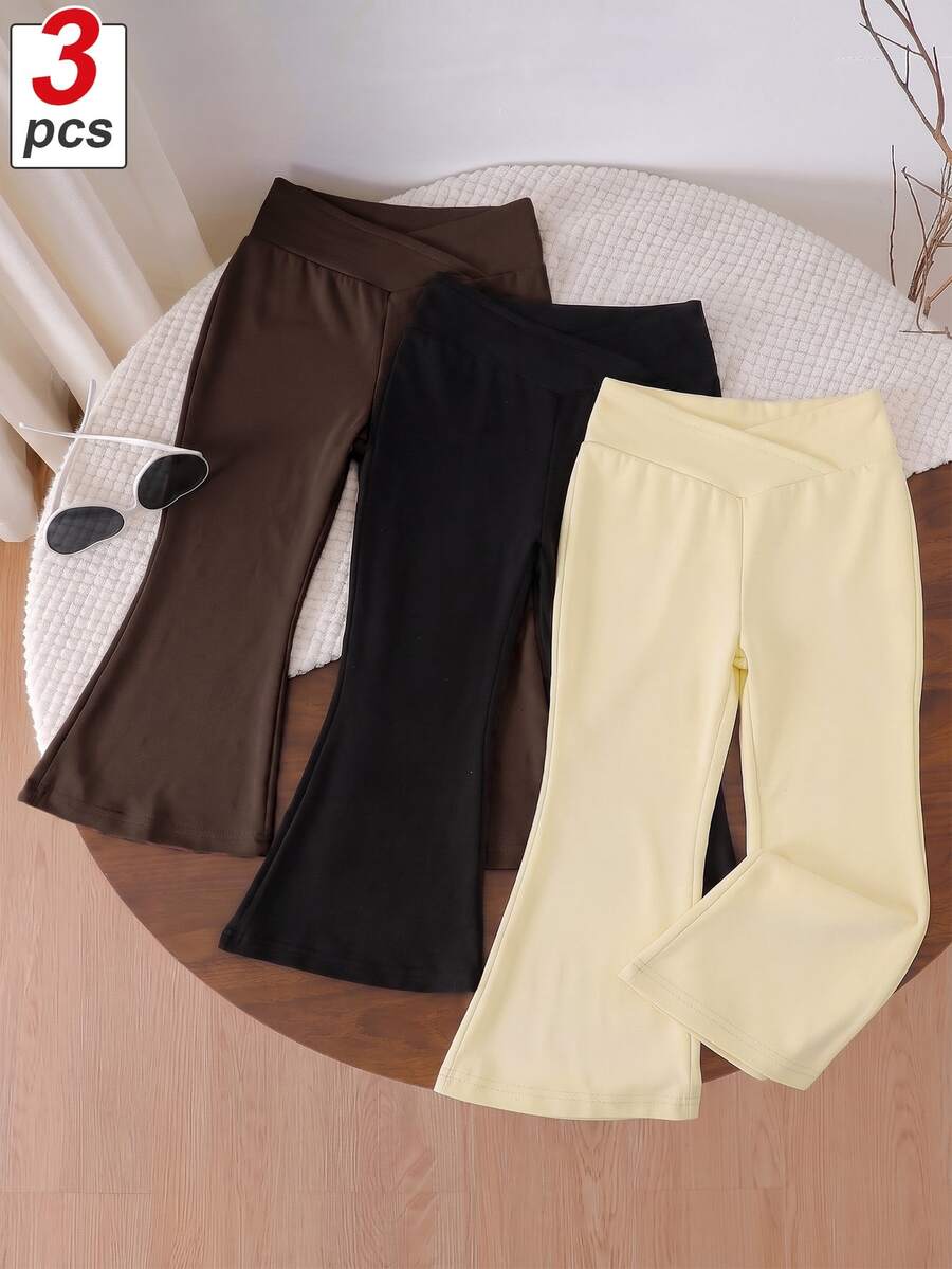 SHEIN Genkimix Kids 3件組少女基本款高腰喇叭褲，黑色、深灰色與淺花灰緊身褲，適合日常穿著、夏季、返校季與秋季 - 彩色 - 查看 1