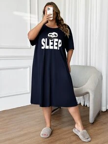 SHEIN CURVE+ 大尺碼舒適熊貓印花圓領休閒可愛睡裙，夏季居家連身裙，晚間牛紋印花 - 寶藍色 - 查看 5