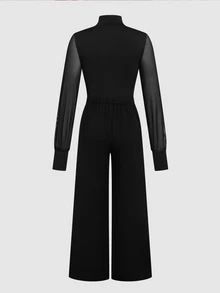 Elenzga High Neck Asymmetrical Shoulder Mesh Patchwork Long Sleeve Top + High Waist Drape Wide Leg Pants 2pcs Set, Elegant Slimming Black - Black - View 6