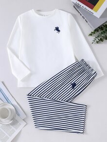 SHEIN 大童男孩圓領騎士圖案長袖上衣與長褲休閒日常居家睡衣套裝 - 彩色 - 查看 6