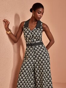 JIAN LASALA Jumpsuit Kasual Musim Panas Wanita Tanpa Lengan dengan Kerah dan Kancing Depan, Motif Aneka Warna Kontras Warna - MultiWarna - View 3