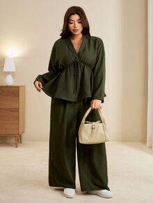 Edennvi Plus Size Women Solid Color V-Neck Pleated Long Sleeve Top And Pants Casual Daily 2 Pieces Set - Army Green - View 4
