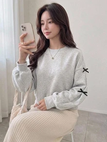 DAZY 對比色蝴蝶結裝飾圓領寬鬆女款衛衣 秋冬連帽衫 - 灰色 - 查看 3