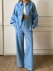 Livesso Autumn Light Wash Blue Collared Button Pocket Decor Short Denim Jacket & Wide Leg Denim Pants Set - Light Wash - View 1
