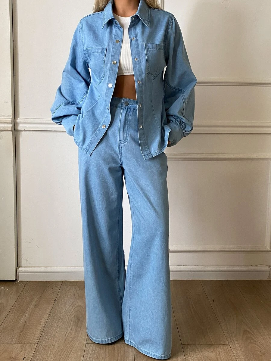 Livesso Autumn Light Wash Blue Collared Button Pocket Decor Short Denim Jacket & Wide Leg Denim Pants Set - Light Wash - View 1