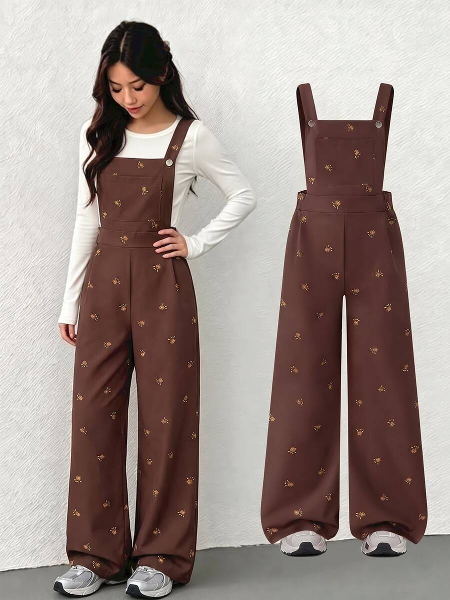 SHEIN 青少年女孩抓絨秋季服飾 秋冬/冬季 羅紋燈芯絨 可調式扣環鬆緊腰連身褲,適合秋冬穿著,日常穿搭 - 棕色 - 查看 1