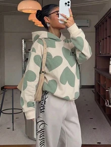 SHEIN EZwear 女款休閒寬鬆連帽衛衣，愛心圖案衛衣，女款秋冬服飾 - 彩色 - 查看 5