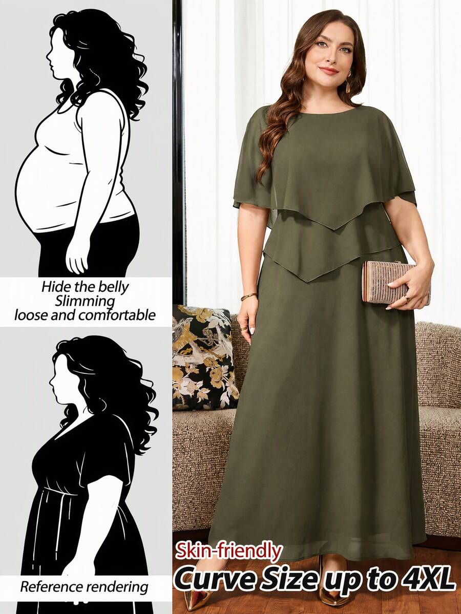 Reflora Plus Size Elegant Solid Color Party Dress - Army Green - View 1