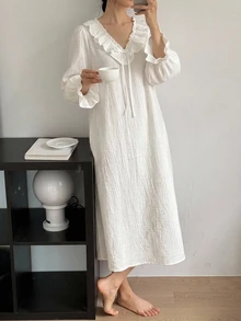 DAZY Winter Spring Sweet Solid Color 100% Pure Cotton Ruffle V-Neck Loose Long Sleeve Long Nightgown For Women - White - View 10
