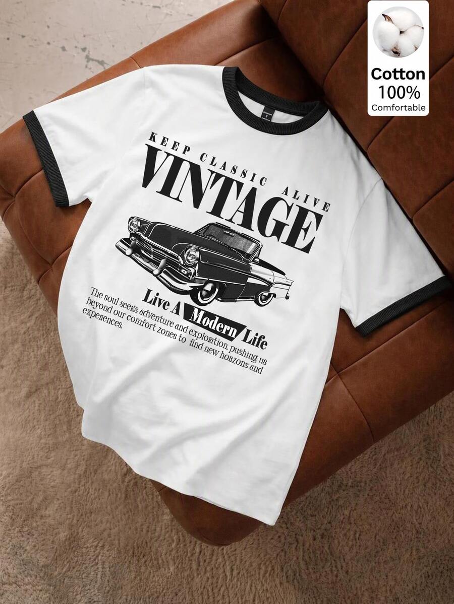 Lonveris Men Slogan Graphic Contrast Trim Tee - White - View 1