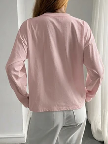 DAZY 女款白色圓領長袖拼接線條設計寬鬆極簡休閒百搭T恤 夏季 - 粉色 - 查看 2