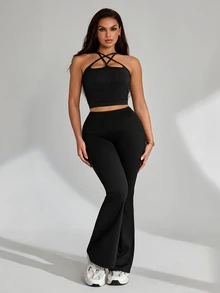 Slayform Slayform Seamless High Elasticity Sports Fitness Yoga Tank Top, Ribbed Criss-Cross Strap Design - Black - View 3