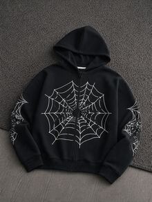 AKNOTIC Loose Men Spider Web Print Zip Up Hoodie Without Tee - Black - View 1