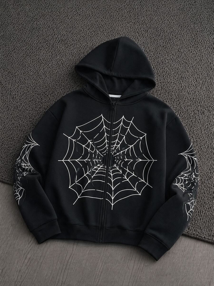 AKNOTIC Loose Men Spider Web Print Zip Up Hoodie Without Tee - Black - View 1