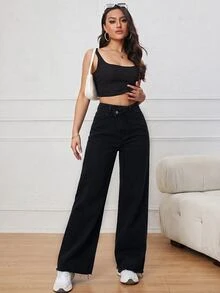 Jeanoix 女款休閒日常牛仔褲，附口袋與鈕扣設計 - 黑色 - 查看 1