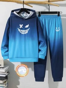 SHEIN 兒童 2 件組 青少年男孩休閒極簡風 藍色漸層笑臉長袖連帽衛衣與運動長褲套裝，經典酷炫漸層圖案印花，精緻 Logo 印花，適合秋冬、學校、返校季、家庭聚會、生日派對、拍照拍攝 - 彩色 - 查看 4