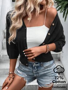 SHEIN Holidaya Cardigan Rajut Pendek Wanita Model V Neck Puff, Atasan Sweater Rajut Polos dengan Kancing Depan - Hitam - View 3