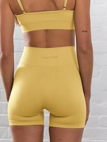 Musera Sport 羅紋高腰無縫修身運動短褲，適合匹克球、健身房、健身、瑜伽、皮拉提斯與日常穿著 - 芥末黃 - 查看 3