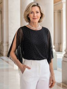EMERY ROSE Elegant Rhinestone Embellished Split Sleeve Blouse For Middle-Aged And Elderly Women - Black - View 3