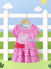Peppa Pig X SHEIN Baby Girl Round Neck Short Sleeve Ruffle Hem Cute Dress - Pink - View 3