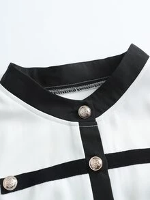 GlowEve Bộ áo thun cổ giả viền tương phản & quần ống đứng - Đen và trắng - Xem 4