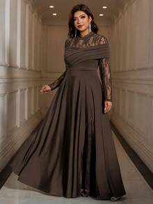 Reflora Elegant Casual Minimalist Pearl Decorated Mesh Patchwork Long Sleeve Dress Autumn Wedding Halloween Formal Cocktail Black Fall - Coffee Brown - View 6