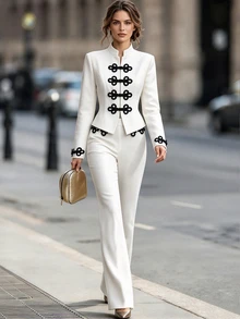 Balvessa Contrast Frog Button Slim Fit Jacket & Pants Set - White - View 4