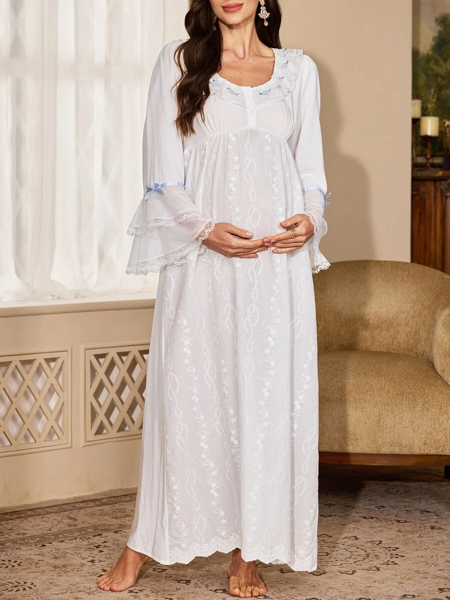 PalaceNights Women's Heavy Embroidery Lace Fabric Palace Style Long Maternity Nightgown - White - View 1