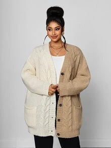 Maweii Plus Women's Sweater Cardigan, Coat, Drawstring, Contrasting Color, Pocket, Loose Fit,Autumn/Winter - Multicolor - View 3