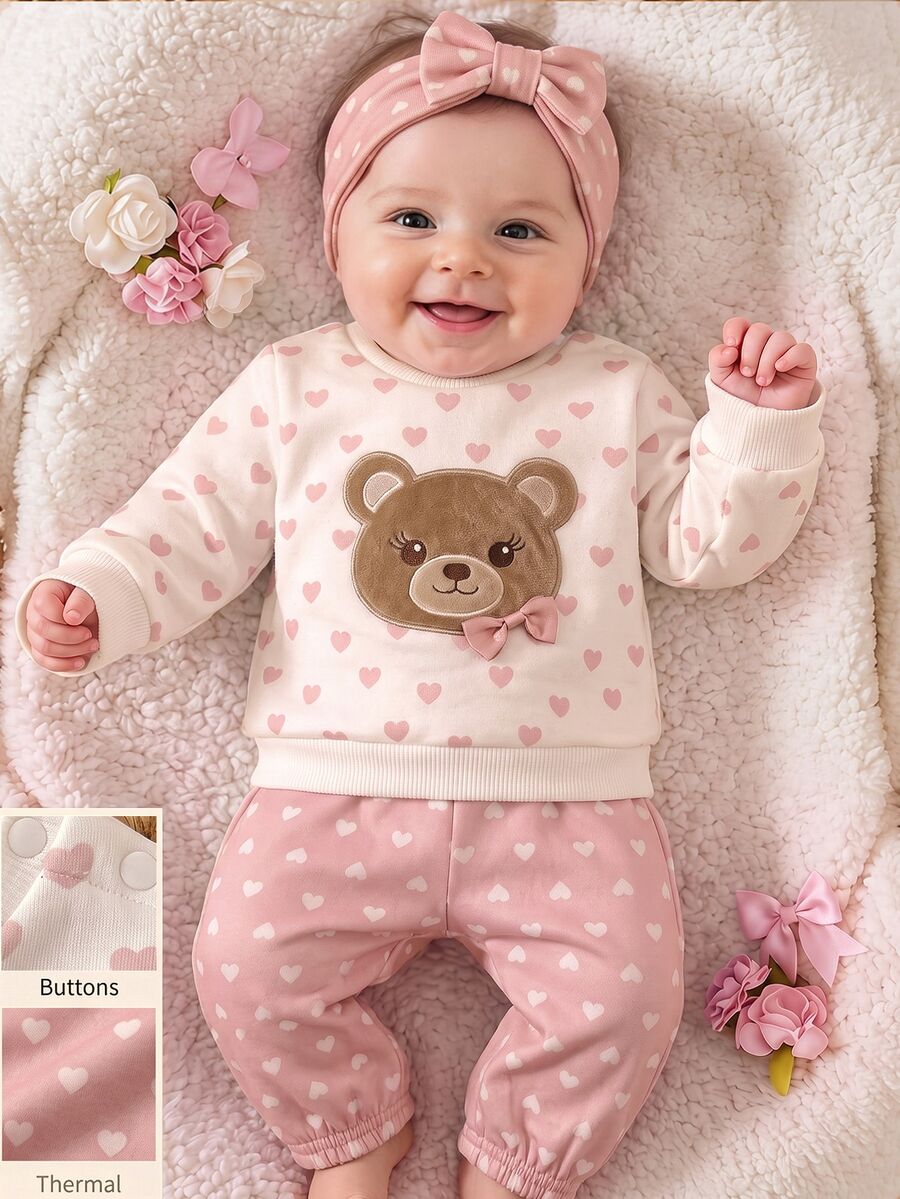 SHEIN Newborn Cute Girl Cartoon Pattern Long Sleeve Top And Elastic Waist Long Pants Set - Pink - View 1