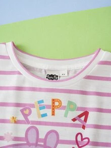 Peppa Pig X SHEIN Young Girl Striped Print Round Neck Short Sleeve Ruffle Hem Cute Dress Peppa Pig - Pink - View 8